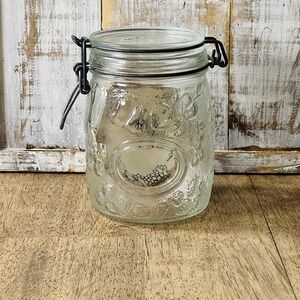 Vintage Wheaton Glass Mason Style Jar Canister Embossed Fruit Wire Bale Closure